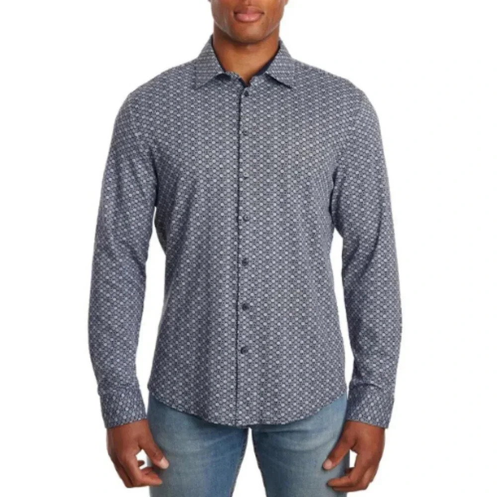 English Laundry Mens Medium Stretch Fitted Knit Print Shirt